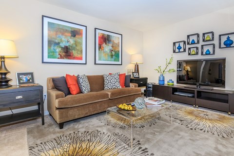 a living room with a couch and a television